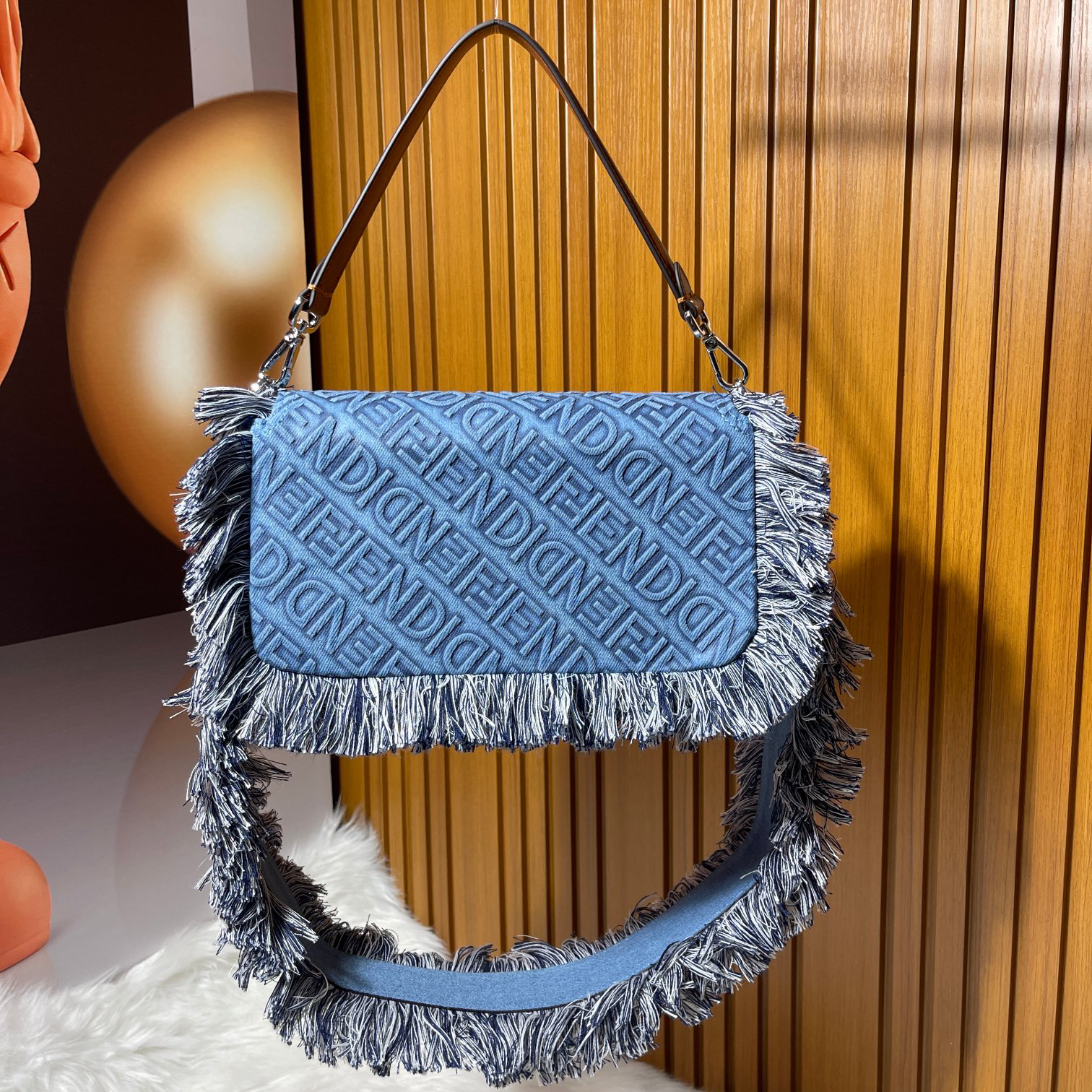 Fendi Baguette Embossed Denim Tassel Bag Size: 26 15cm, Model 0199